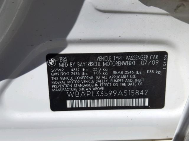 WBAPL33599A515842 - 2009 BMW 335 XI WHITE photo 10