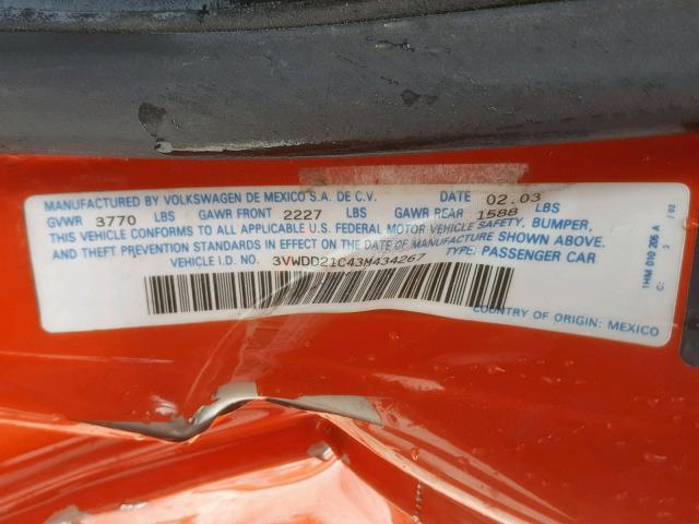 3VWDD21C43M434267 - 2003 VOLKSWAGEN NEW BEETLE Orange Foto 10