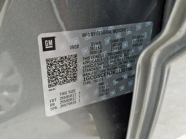 1GCGSCEN7K1130756 - 2019 CHEVROLET COLORADO L GRAY photo 10