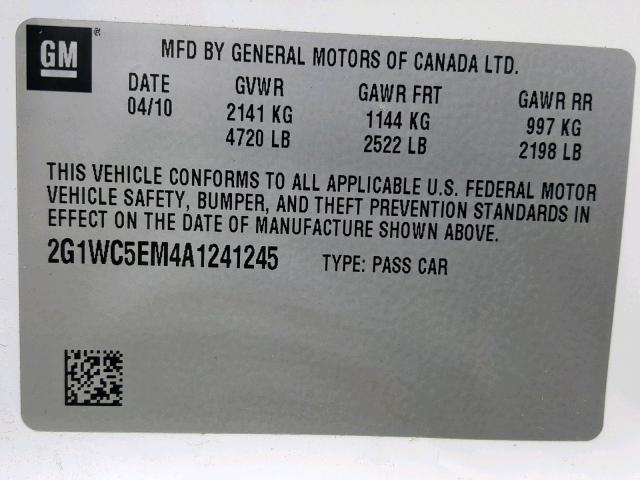 2G1WC5EM4A1241245 - 2010 CHEVROLET IMPALA LTZ WHITE photo 10