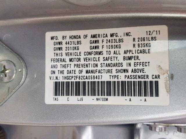 1HGCP2F82CA059407 - 2012 HONDA ACCORD EXL SILVER photo 10