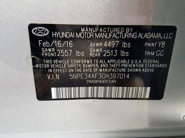 5NPE34AF3GH397014 - 2016 HYUNDAI SONATA SPO SILVER photo 10