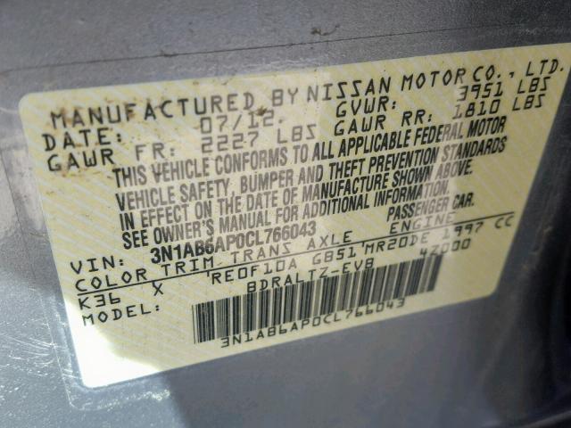 3N1AB6AP0CL766043 - 2012 NISSAN SENTRA 2.0 GRAY photo 10