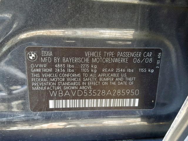 WBAVD53528A285950 - 2008 BMW 335 XI GRAY photo 10