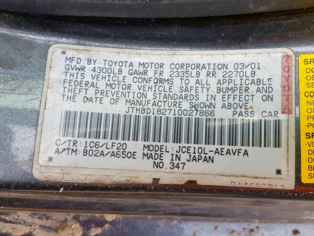 JTHBD182710027866 - 2001 LEXUS IS 300 GRAY photo 10