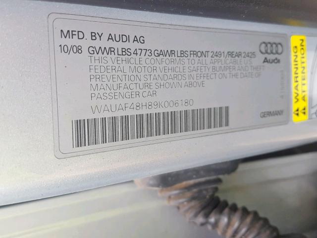 WAUAF48H89K006180 - 2009 AUDI A4 2.0T CA SILVER photo 10