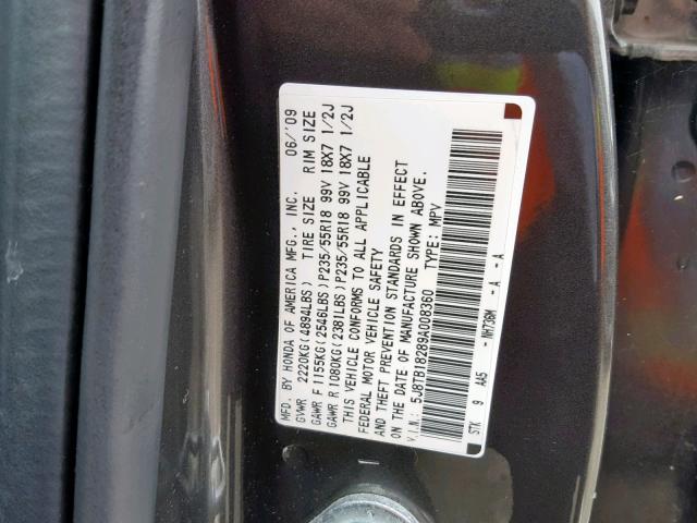 5J8TB18289A008360 - 2009 ACURA RDX GRAY photo 10