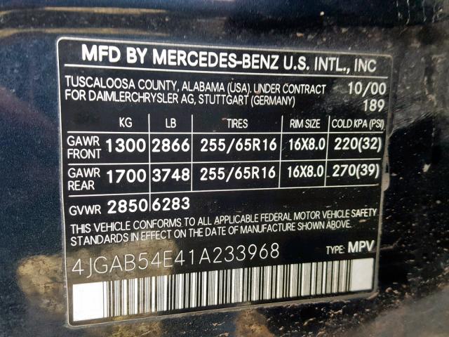 4JGAB54E41A233968 - 2001 MERCEDES-BENZ ML 320 BLUE photo 10