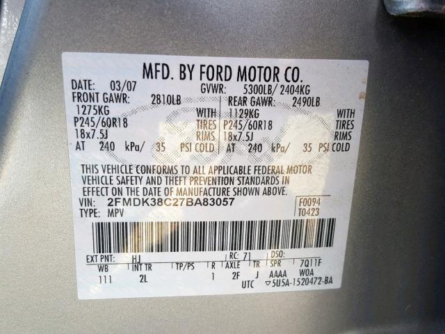 2FMDK38C27BA83057 - 2007 FORD EDGE SEL BEIGE photo 10