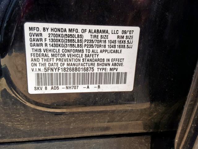 5FNYF18268B016875 - 2008 HONDA PILOT VP BLACK photo 10