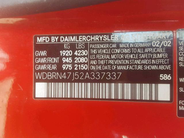 WDBRN47J52A337337 - 2002 MERCEDES-BENZ C 230K SPO RED photo 10