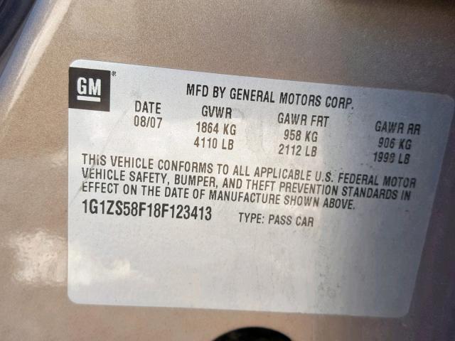 1G1ZS58F18F123413 - 2008 CHEVROLET MALIBU LS BEIGE photo 10