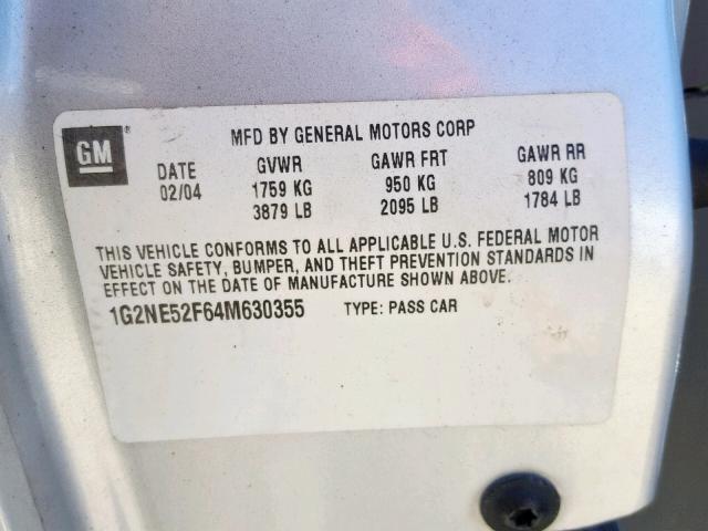 1G2NE52F64M630355 - 2004 PONTIAC GRAND AM S SILVER photo 10