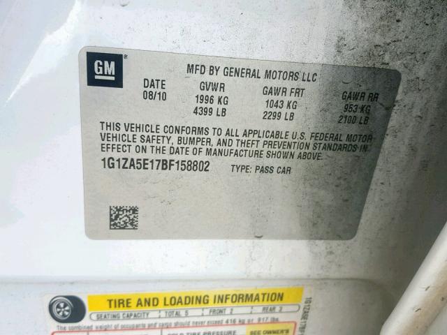 1G1ZA5E17BF158802 - 2011 CHEVROLET MALIBU LS WHITE photo 10