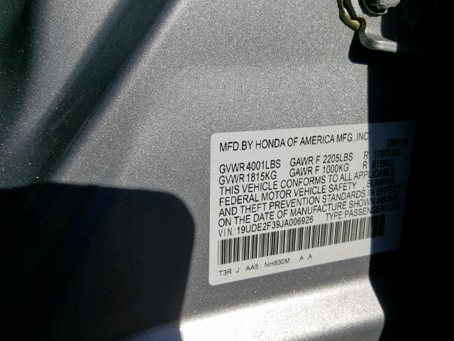 19UDE2F39JA006926 - 2018 ACURA ILX BASE SILVER photo 10