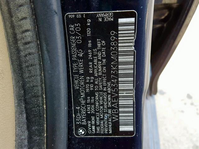 WBAEV53473KM03899 - 2003 BMW 330 I BLUE photo 10