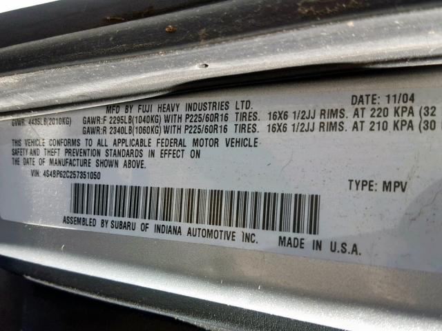 4S4BP62C257351050 - 2005 SUBARU LEGACY OUT SILVER photo 10