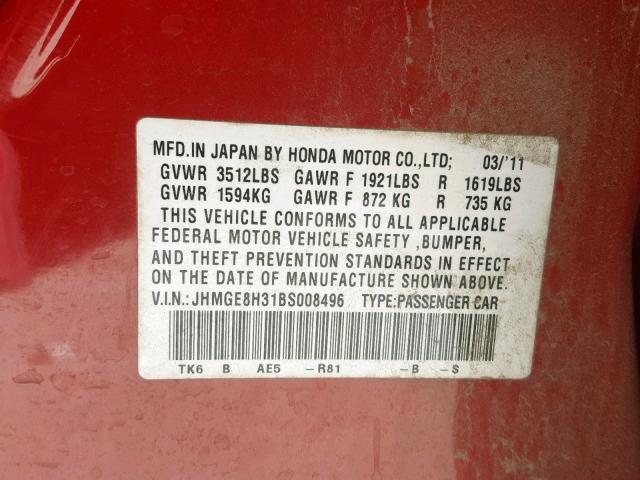 JHMGE8H31BS008496 - 2011 HONDA FIT RED photo 10