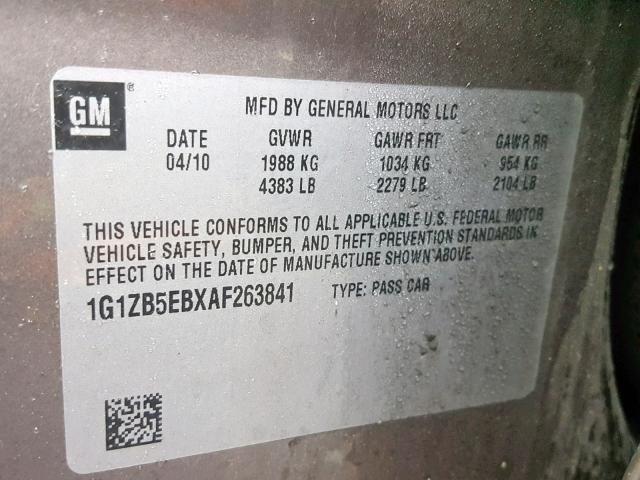 1G1ZB5EBXAF263841 - 2010 CHEVROLET MALIBU LS GRAY photo 10