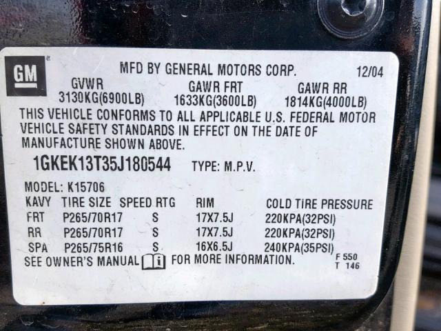 1GKEK13T35J180544 - 2005 GMC YUKON BLACK photo 10