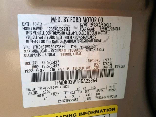 1FMDK02W18GA23864 - 2008 FORD TAURUS X S BEIGE photo 10