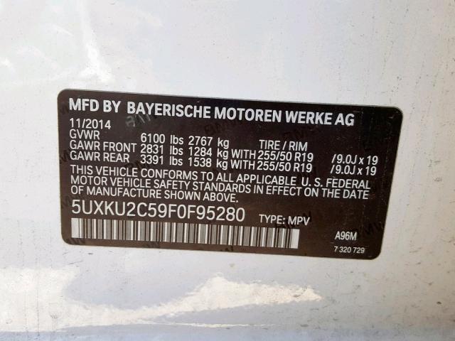 5UXKU2C59F0F95280 - 2015 BMW X6 XDRIVE3 WHITE photo 10