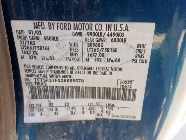 1FTSF31F52EB88578 - 2002 FORD F350 SRW S BLUE photo 10