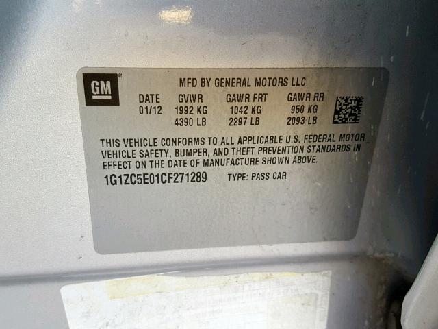 1G1ZC5E01CF271289 - 2012 CHEVROLET MALIBU 1LT 银色 照片 10