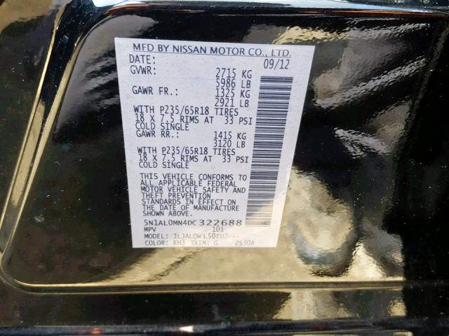 5N1AL0MN4DC322688 - 2013 INFINITI JX35 BLACK photo 10