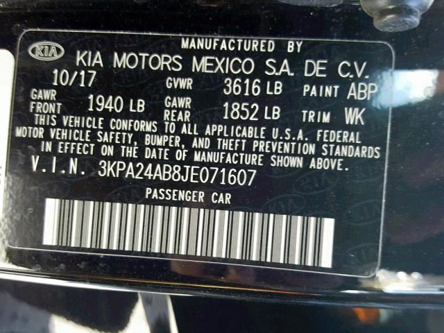 3KPA24AB8JE071607 - 2018 KIA RIO LX BLACK photo 10