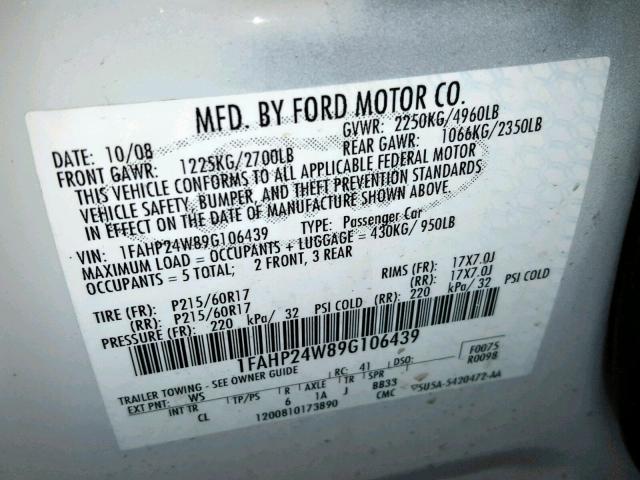 1FAHP24W89G106439 - 2009 FORD TAURUS SEL WHITE photo 10