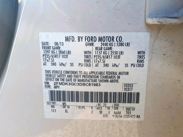 2FMDK3GC3DBC81983 - 2013 FORD EDGE SE WHITE photo 10