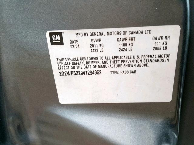 2G2WP522941294952 - 2004 PONTIAC GRAND PRIX GRAY photo 10