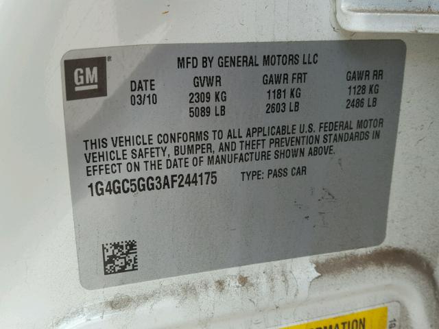 1G4GC5GG3AF244175 - 2010 BUICK LACROSSE C WHITE photo 10