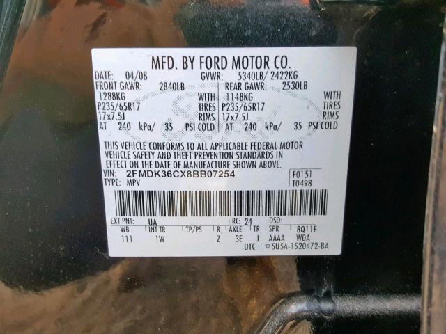 2FMDK36CX8BB07254 - 2008 FORD EDGE SE BLACK photo 10