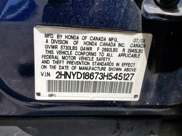 2HNYD18673H545127 - 2003 ACURA MDX TOURIN BLUE photo 10