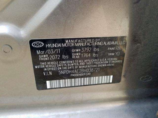 5NPDH4AE2BH038721 - 2011 HYUNDAI ELANTRA GLS  photo 10