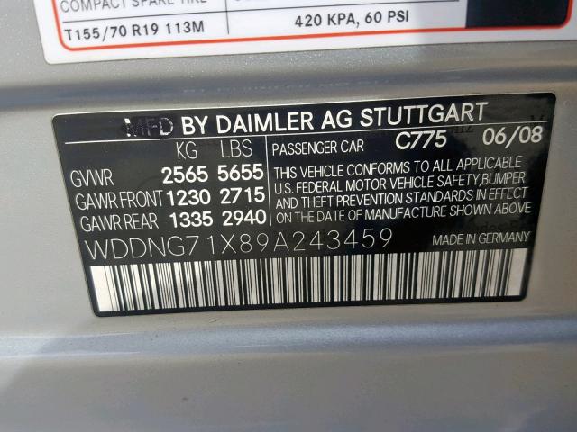 WDDNG71X89A243459 - 2009 MERCEDES-BENZ S 550 SILVER photo 10