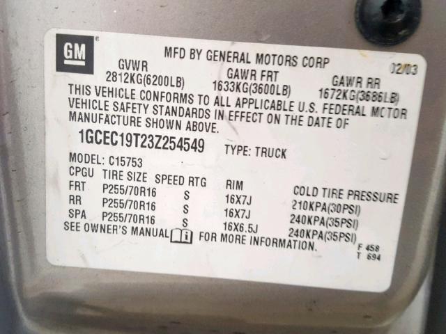 1GCEC19T23Z254549 - 2003 CHEVROLET SILVERADO SILVER photo 10