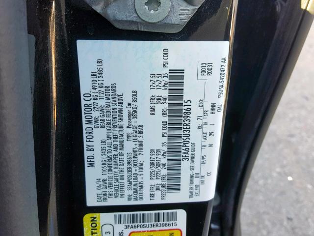 3FA6P0SU3ER398615 - 2014 FORD FUSION TIT BLACK photo 10