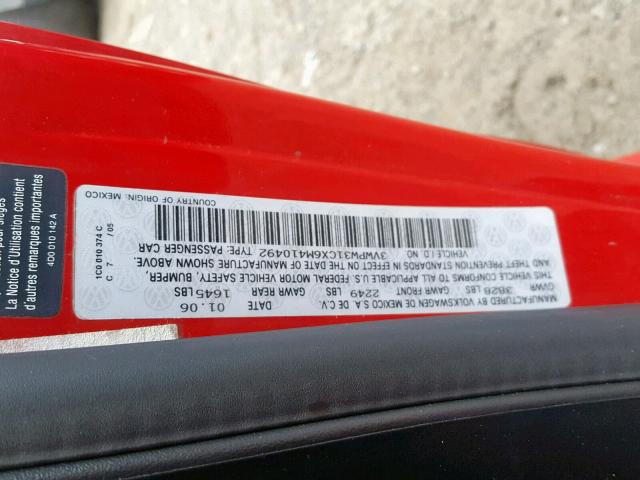 3VWPW31CX6M410492 - 2006 VOLKSWAGEN NEW BEETLE წითელი ფოტო 10