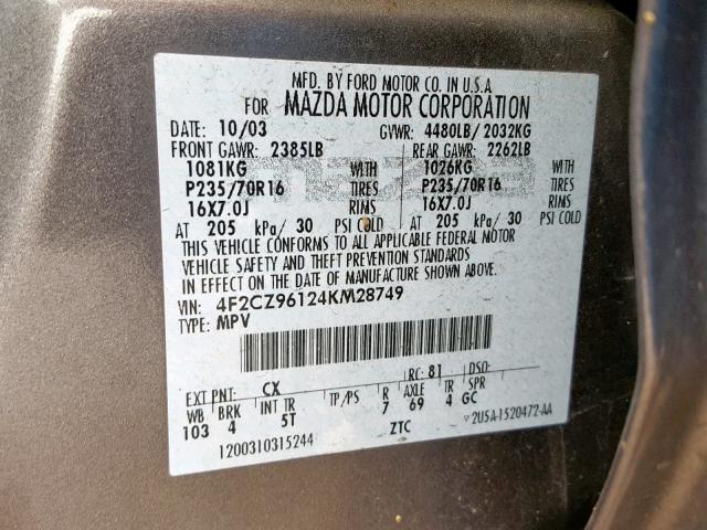 4F2CZ96124KM28749 - 2004 MAZDA TRIBUTE ES 灰色 照片 10