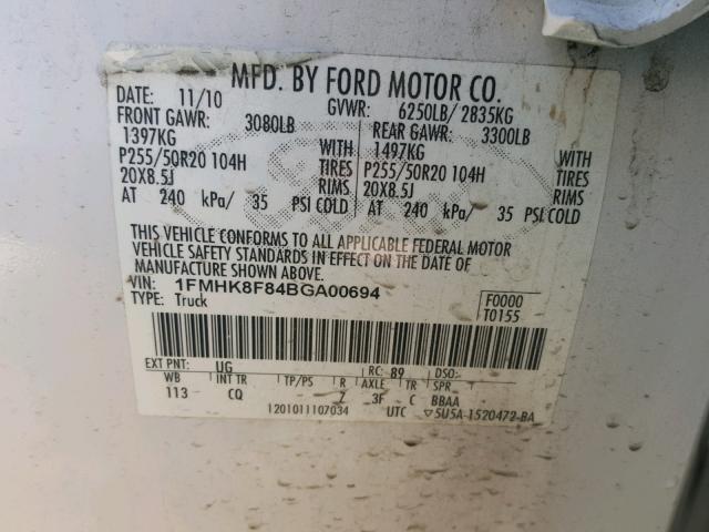 1FMHK8F84BGA00694 - 2011 FORD EXPLORER L WHITE photo 10