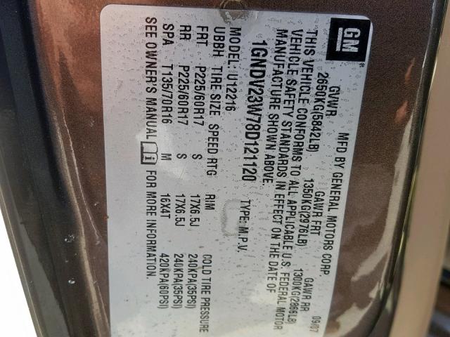 1GNDV23W78D121120 - 2008 CHEVROLET UPLANDER L 棕色 照片 10