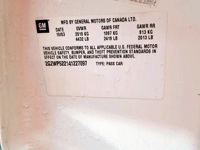 2G2WP522141227097 - 2004 PONTIAC GRAND PRIX WHITE photo 10