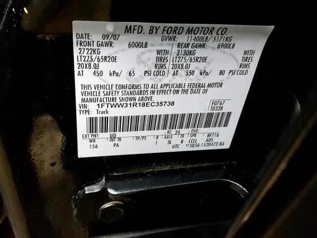 1FTWW31R18EC35738 - 2008 FORD F350 SRW S BLACK photo 10