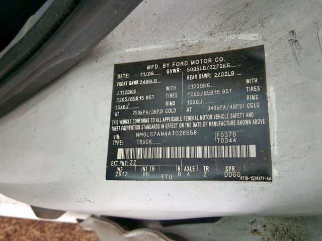 NM0LS7AN4AT026558 - 2010 FORD TRANSIT CO WHITE photo 10