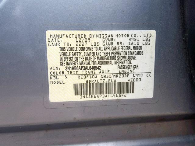 3N1AB6AP3AL646542 - 2010 NISSAN SENTRA 2.0 GRAY photo 10