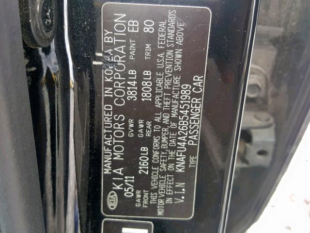 KNAFU4A26B5451989 - 2011 KIA FORTE EX BLACK photo 10