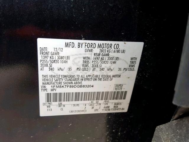 1FM5K7F89DGB83204 - 2013 FORD EXPLORER L BLACK photo 10